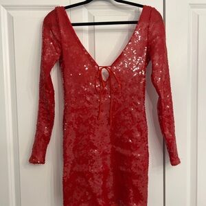 Verona Bardot Red Sequin Long Sleeve Dress